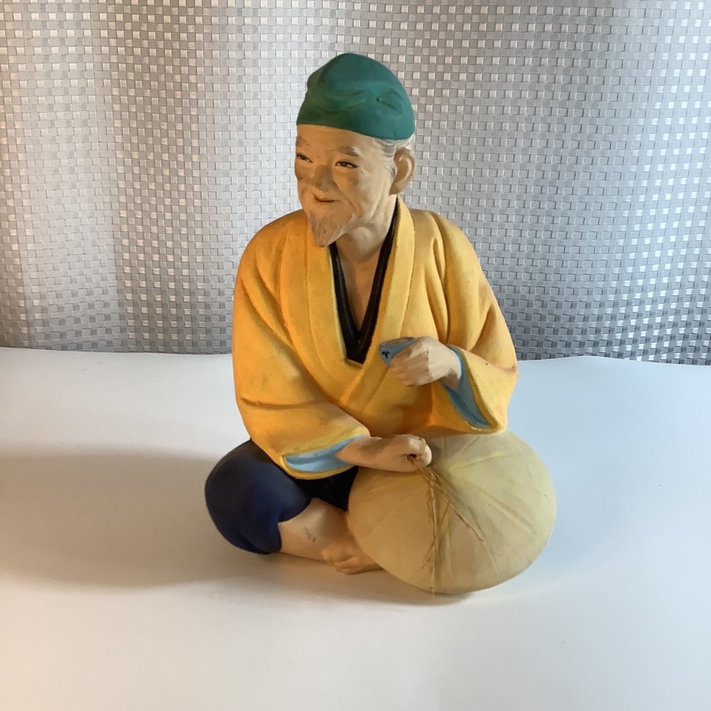 Hakata Mimasu Doll Japanese Old Man Holding Cup Hat & Straw‎ Clay Figurine VTG